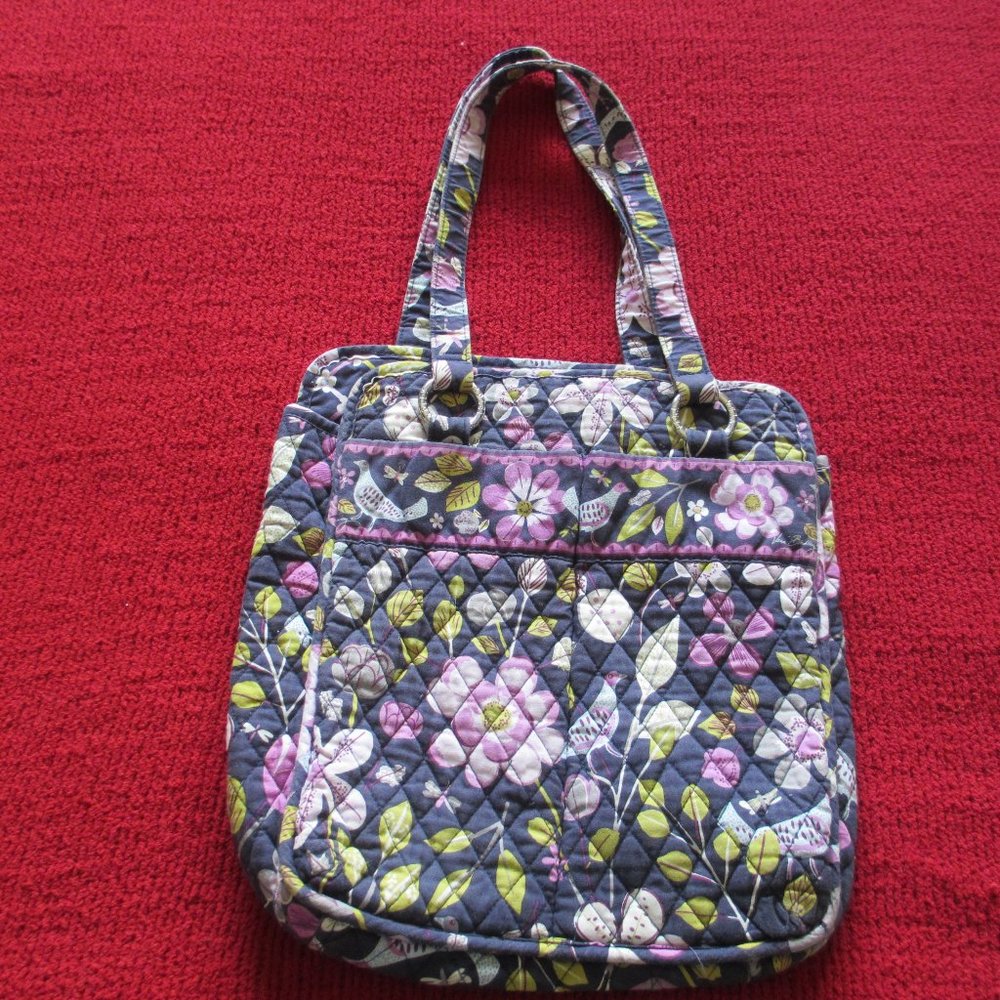 VERA BRADLEY NAVY, GREEN PURPLE TOTE WITH 2 OUTSIDE POCKETS, 1 INSIDE POCKET